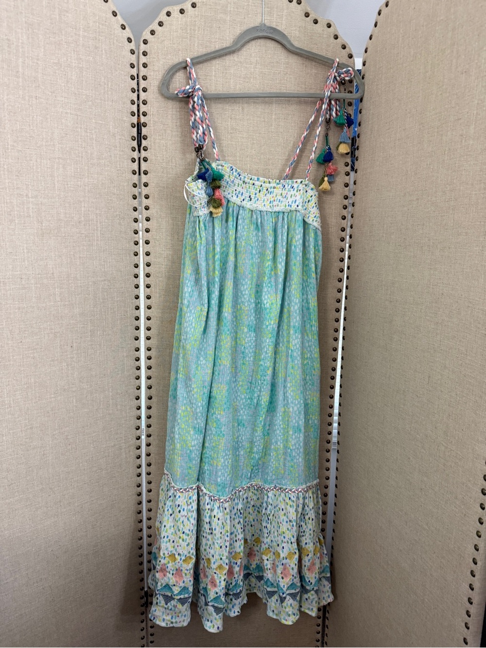 Anthropologie Conditions Apply Aqua-Green Smocked Maxi Dress with Tassel Straps